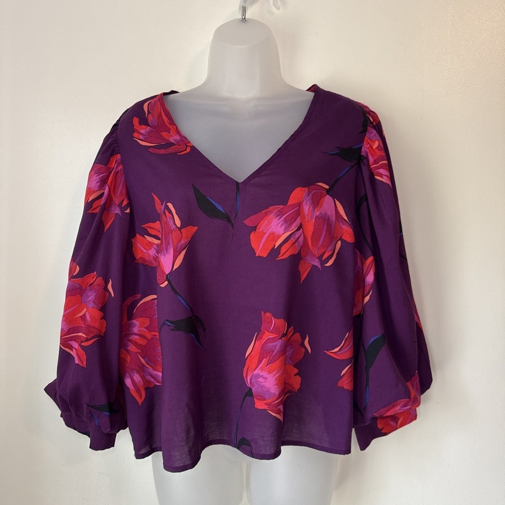 Floral Shirt‎ Womens Purple Flowy Floral Blouse Top Size XL Preppy Office Mature
